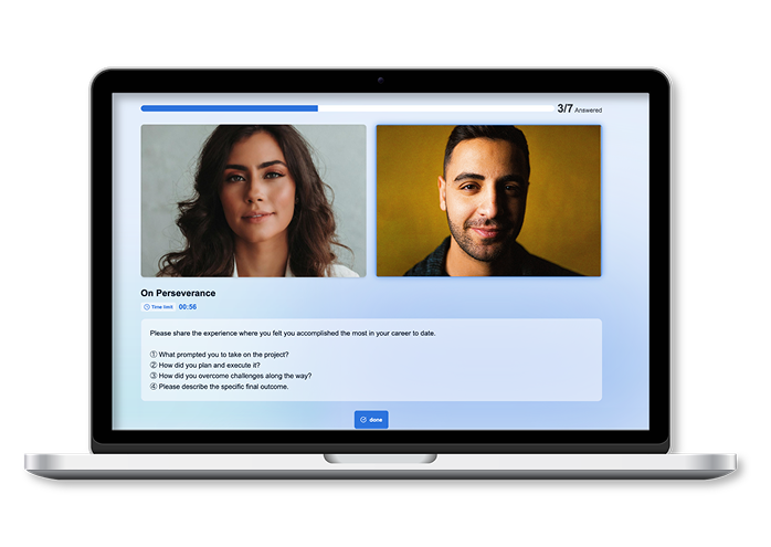 Laptop screen showing two people having an online interview through Track AI Interview, demonstrating how AI removes human bias and helps identify true potential in candidates.