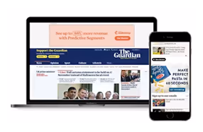 Laptop and phone showing The Guardian website and ads about predictive segments and perfect pages.