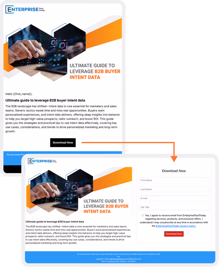 Landing page showing a B2B buyer intent data guide with download form fields for name, email, and job title.
