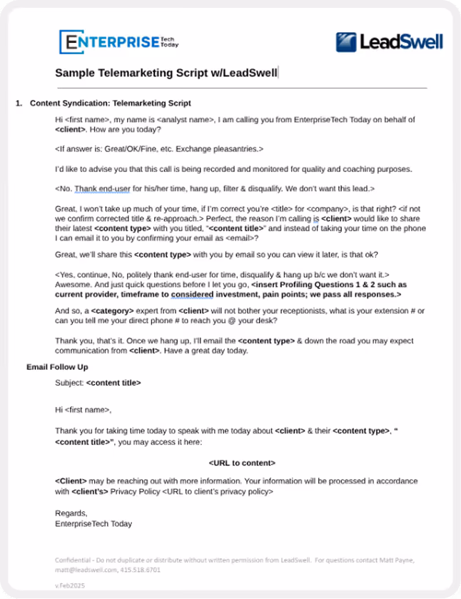 Telemarketing script from EnterpriseTech Today with LeadSwell for client outreach and follow-up email template.