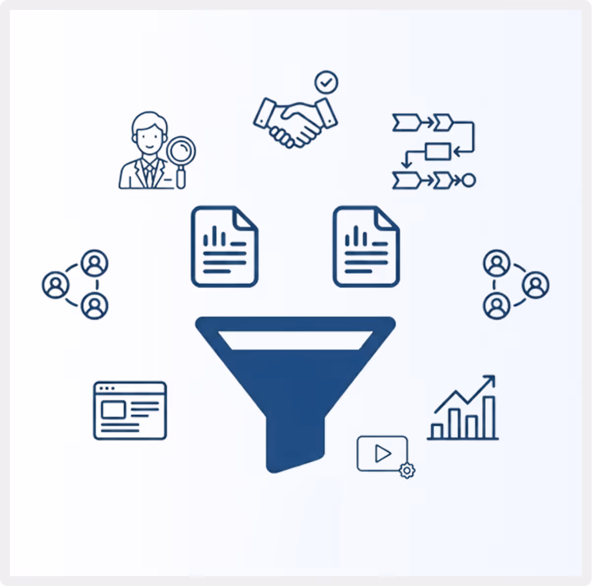 Large funnel icon surrounded by business and data icons like handshake, documents, flowchart, and graph.