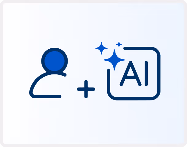 Icon of a person plus a sparkling AI symbol, representing human and artificial intelligence collaboration.
