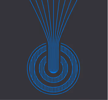 Blue curved lines converging into a central vertical column within concentric circular outlines on black background.