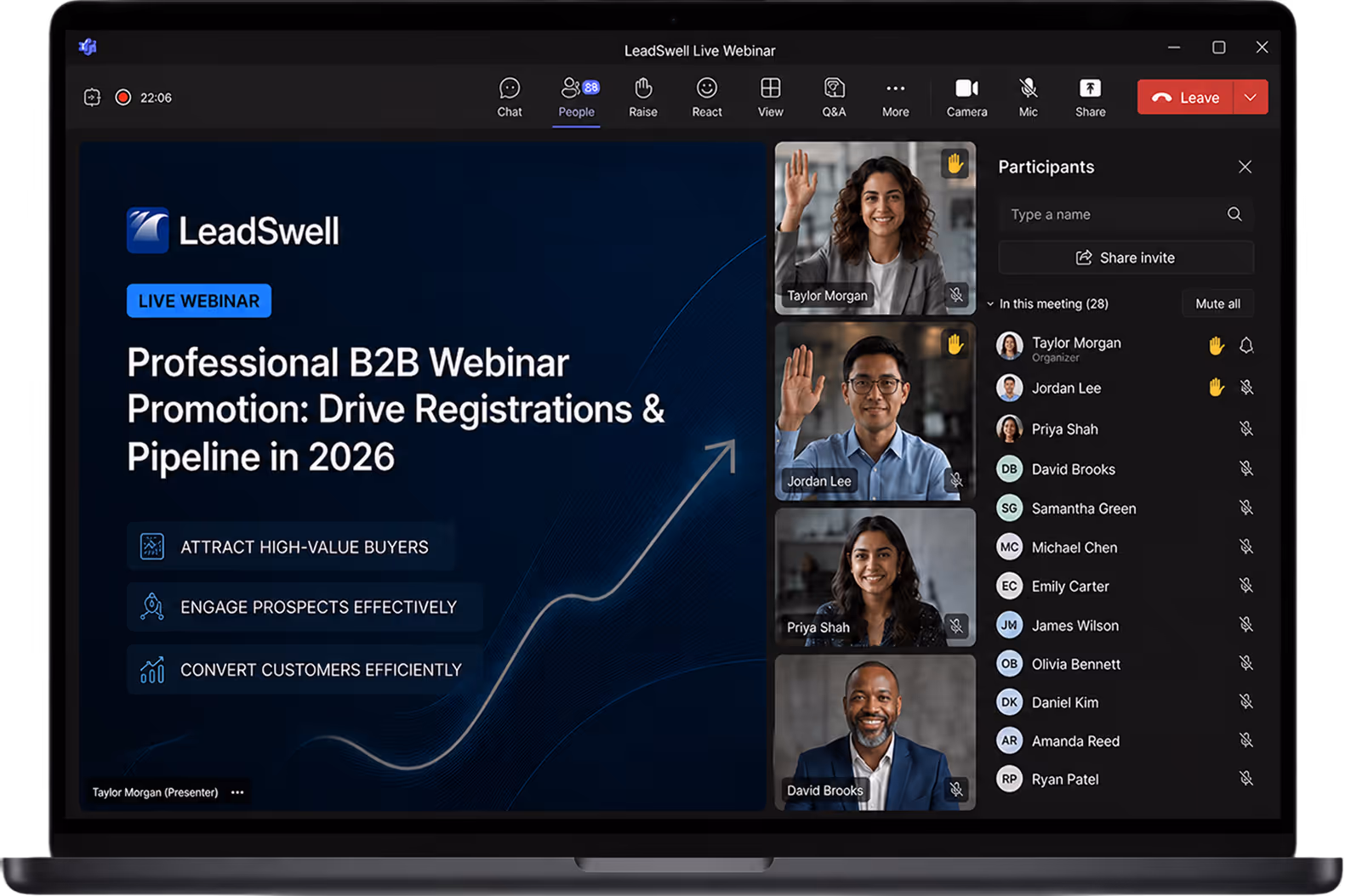 Laptop screen showing LeadSwell webinar on B2B promotion with four participant video thumbnails and a participant list.