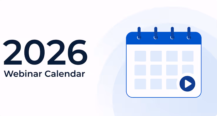 2026 webinar calendar text with a blue calendar icon showing a play button on a date.