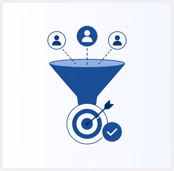 Marketing funnel filtering user icons to a target with an arrow and a checkmark.