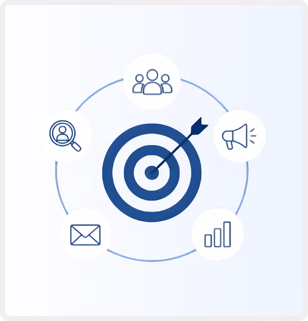 Target with arrow in center surrounded by icons of people, megaphone, chart, email, and magnifying glass.