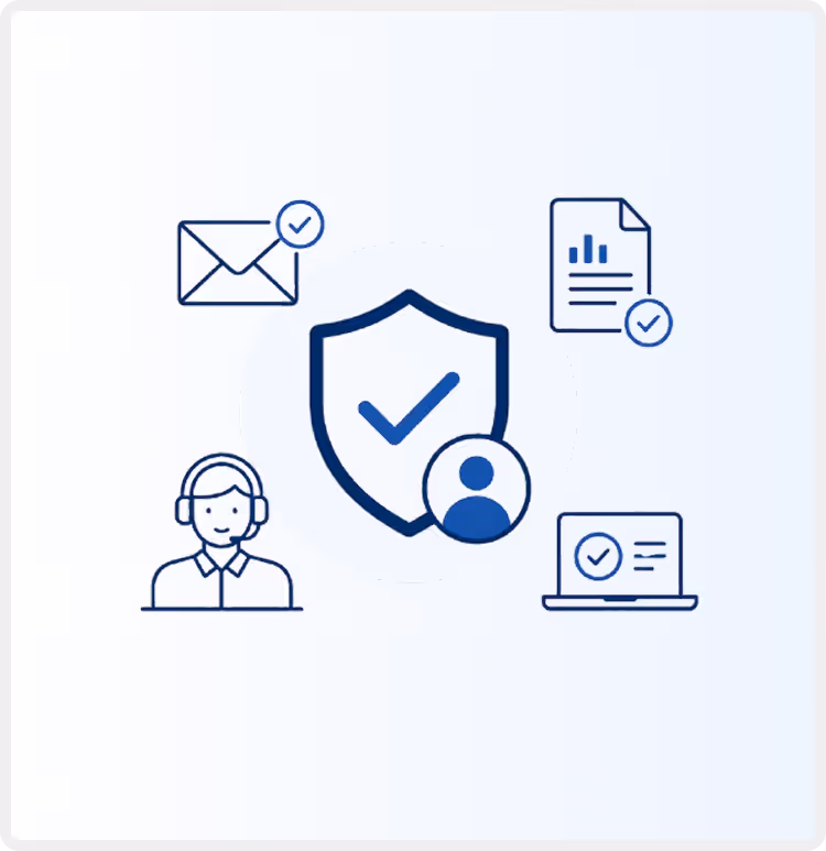 Shield with checkmark and user icon surrounded by envelope, document, support person, and laptop with checkmarks.