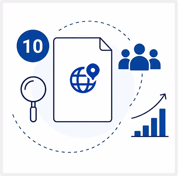 Document icon with globe and location pin surrounded by magnifying glass, people icons, and upward graph.