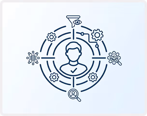 User icon at center linked to gears, magnifying glasses, and a filter with an eye, symbolizing user management.
