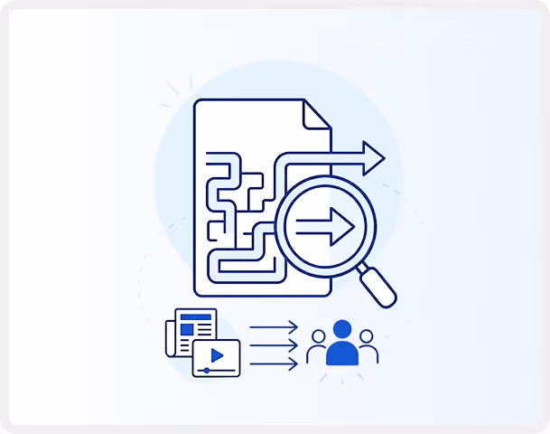 Graphic of a document maze with an arrow, magnifying glass, media icons, and three person figures.