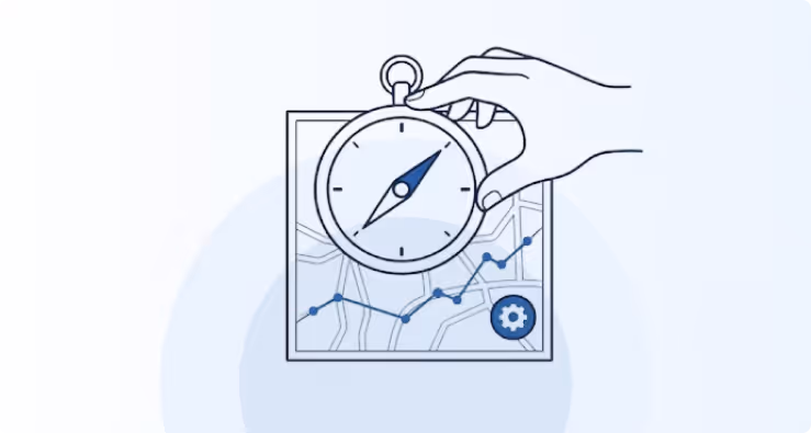 Hand holding a compass over a map with a route and gear icon.