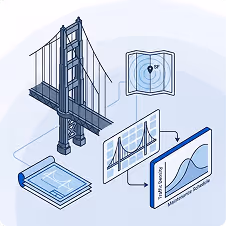 Illustration showing a suspension bridge with data analysis charts and a location map.