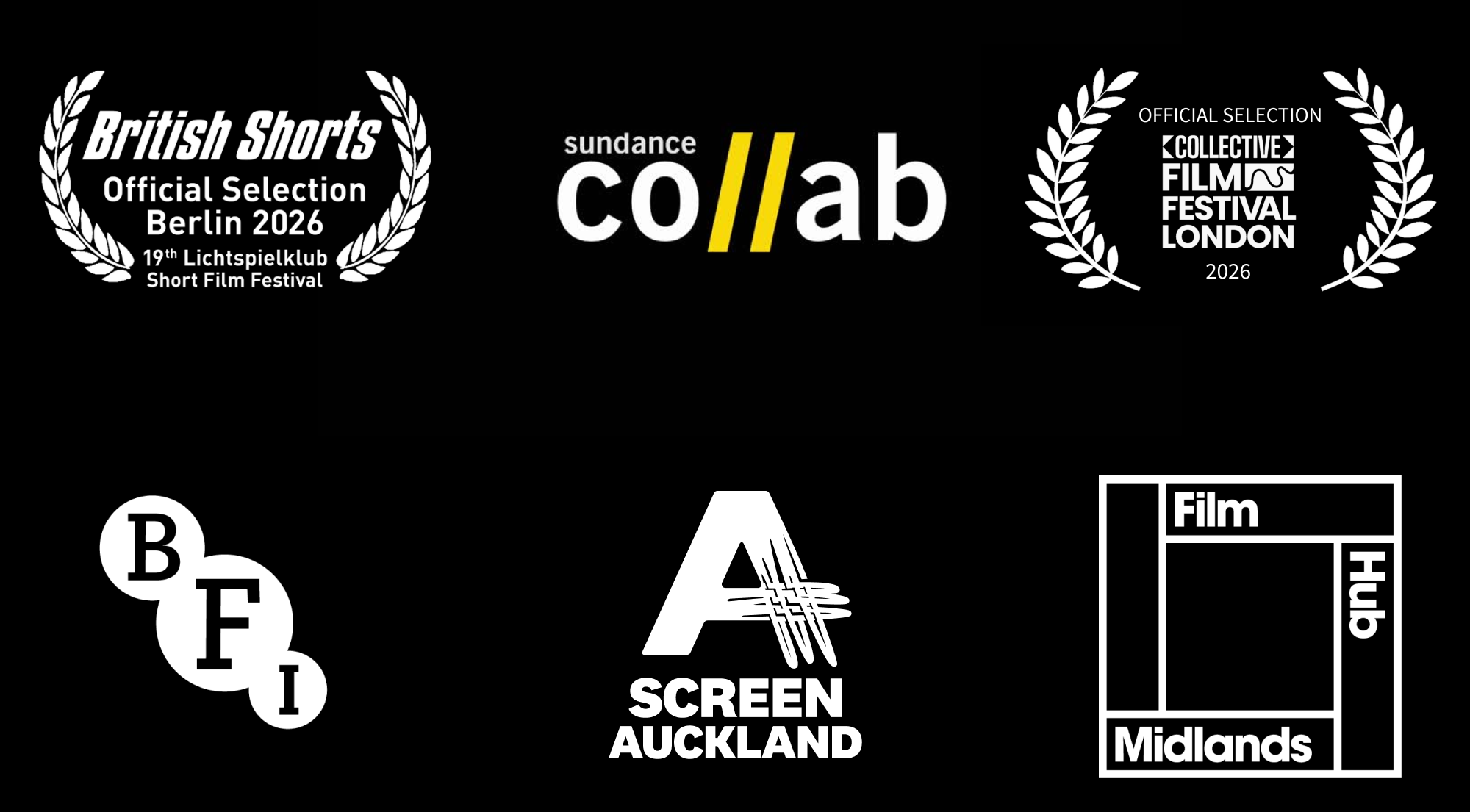 Six film festival and arts organization logos, including British Shorts, Sundance Collab, and Film Hub Midlands.