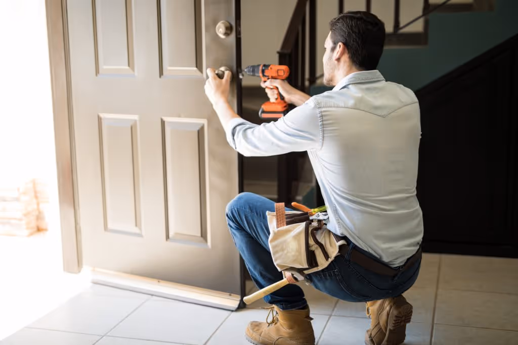 man installing lock on door