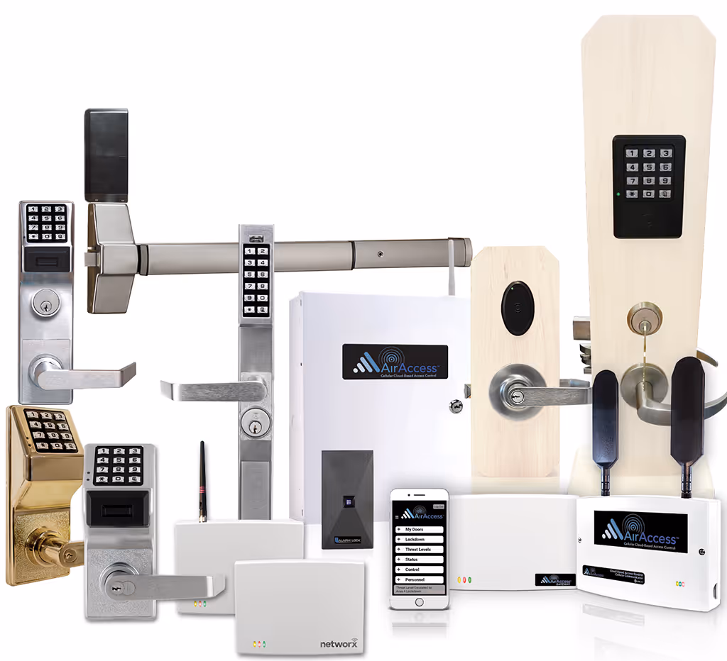 Various keypad door locks, access control panels, and a smartphone.