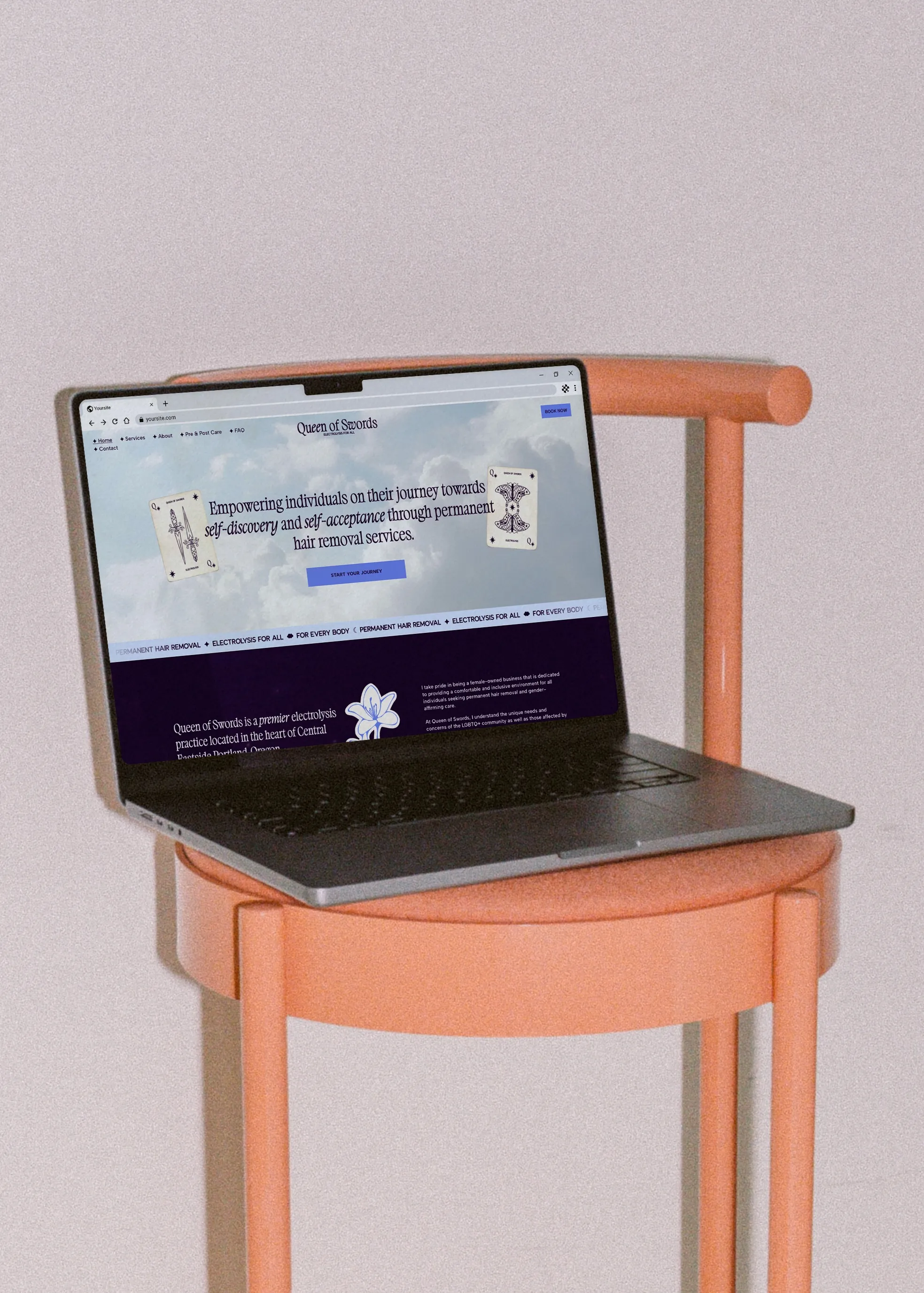 Mockup of a custom website on a macbook pro, sitting on top of an orange chair.