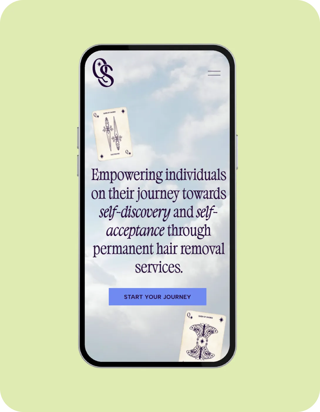Cellphone mockup of a custom web design on a pale green background.
