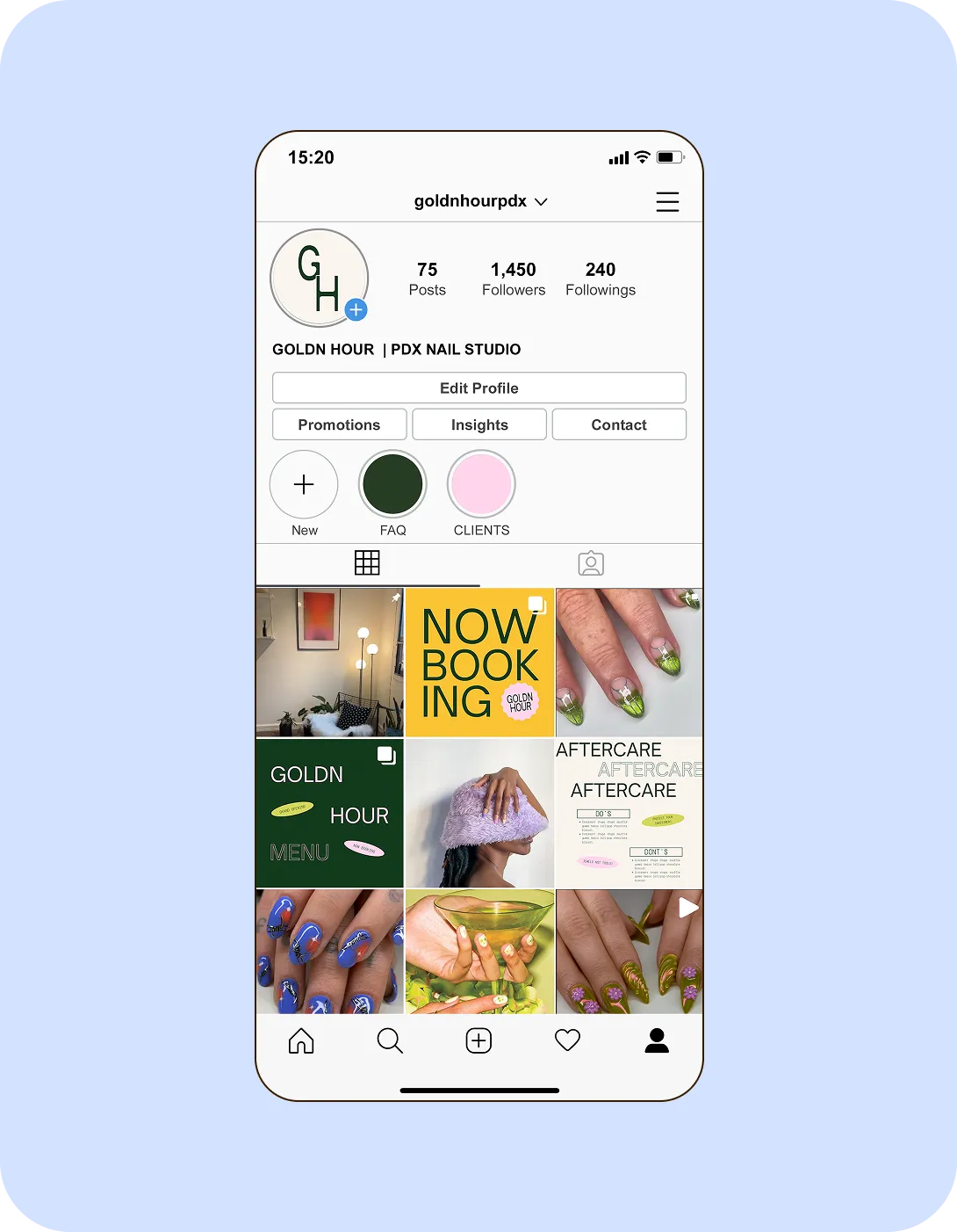 Mockup of an instagram grid layout for a nail studio.