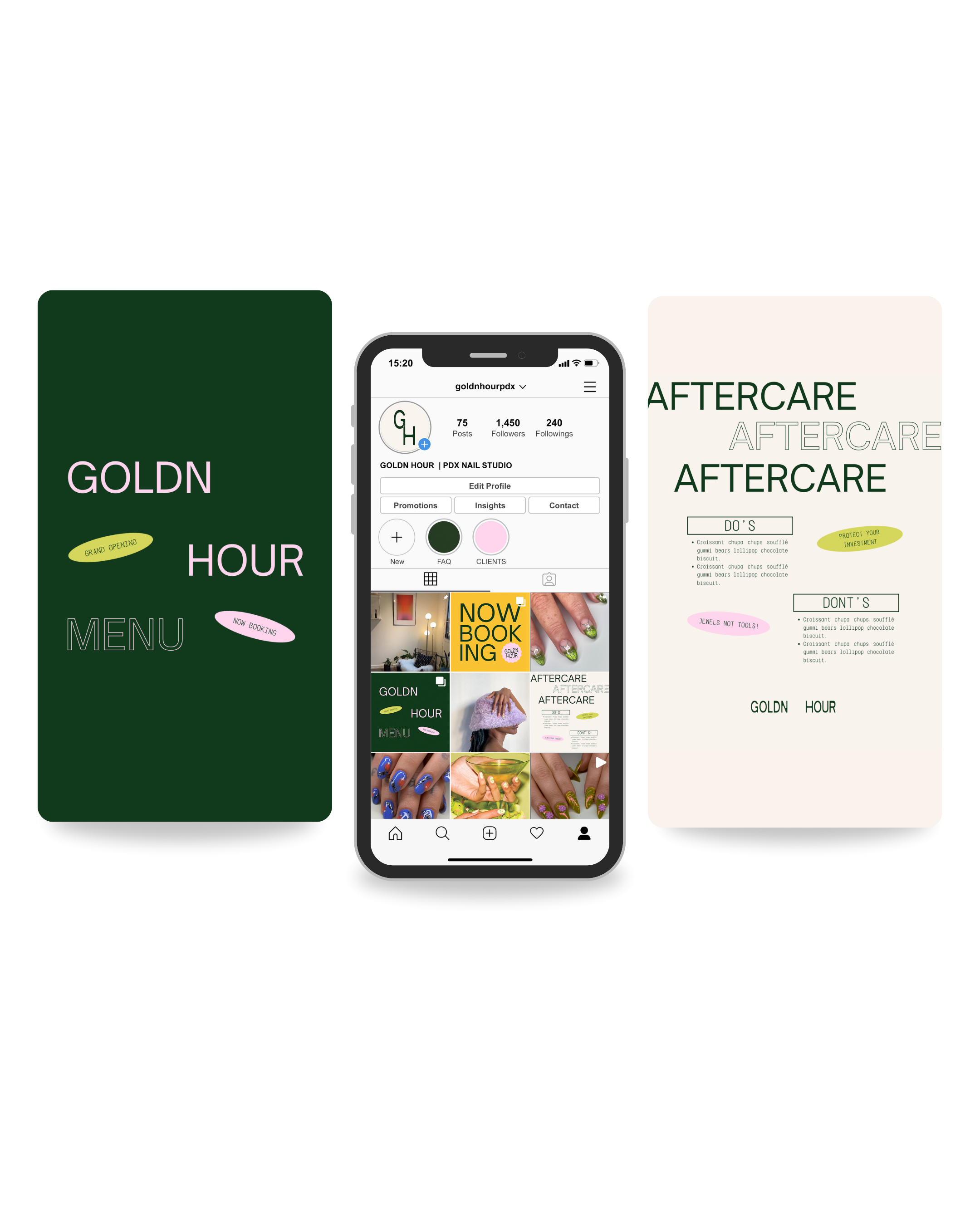 Three mockups of social media graphics and  a suggested social media grid 