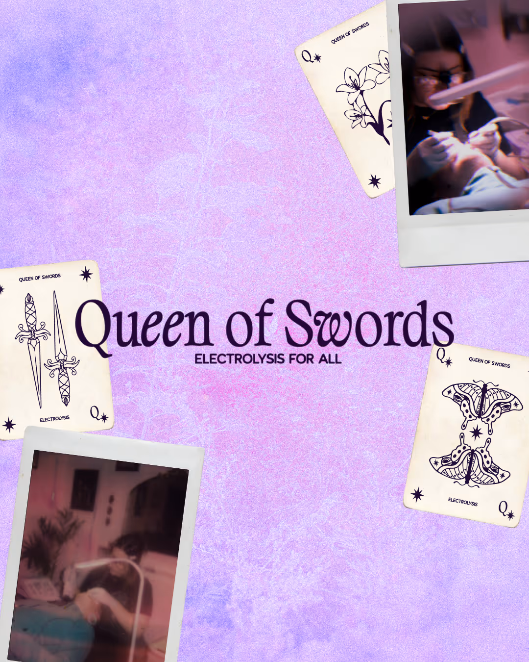 Social media template mockup, with a pink background and polaroids scattered around, for Queen of Swords Electro.