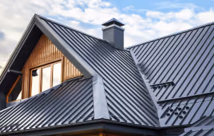 A house featuring a metal roof and several windows, showcasing a modern architectural design.