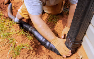 A man repairs a gutter on a house, using tools while standing on a ladder.