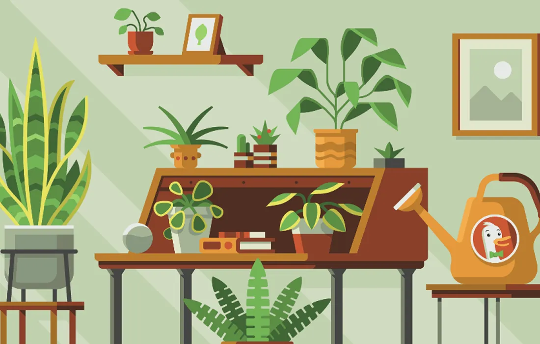 Illustration of a cozy indoor plant corner with a variety of potted plants on shelves and furniture, including a watering can with a duck logo.