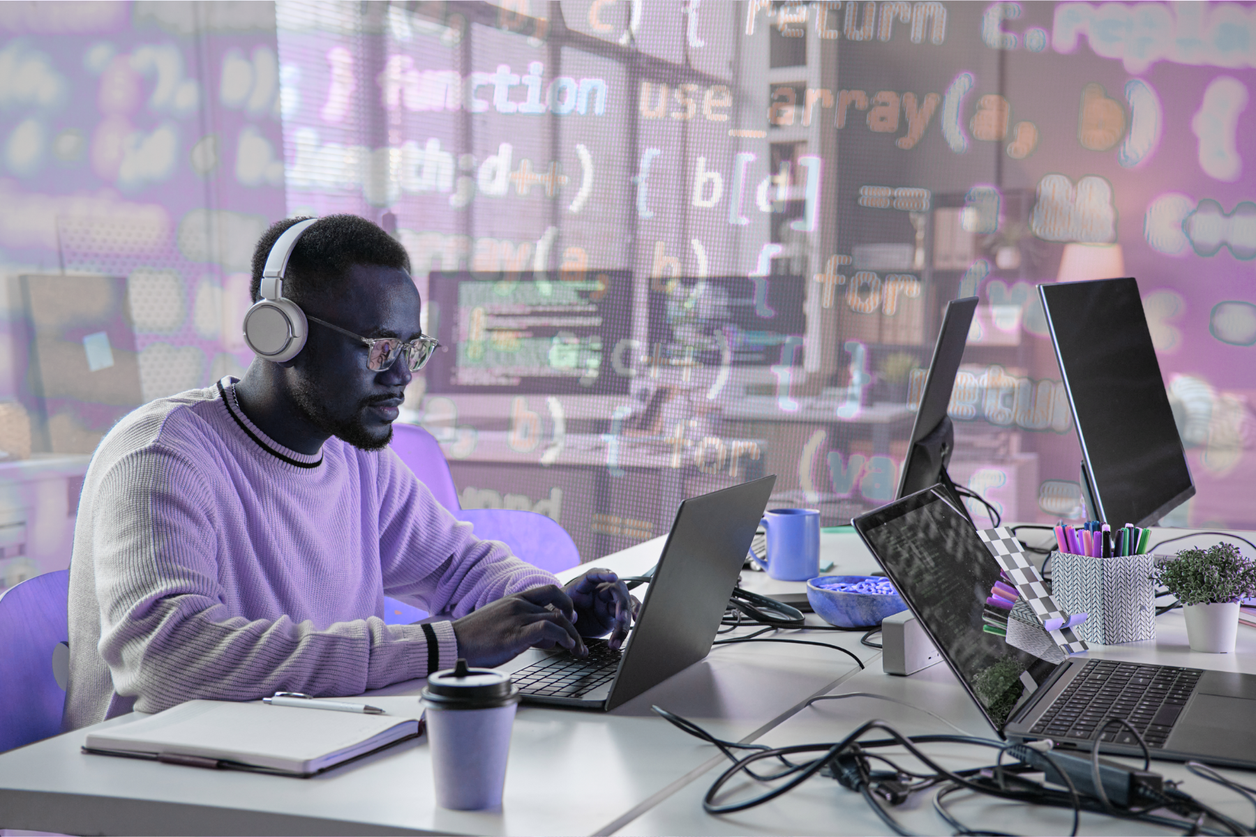 A man wearing headphones and glasses works intently on a laptop at a desk with multiple devices and office supplies. The background features an overlay of colorful programming code, creating a tech-focused atmosphere.