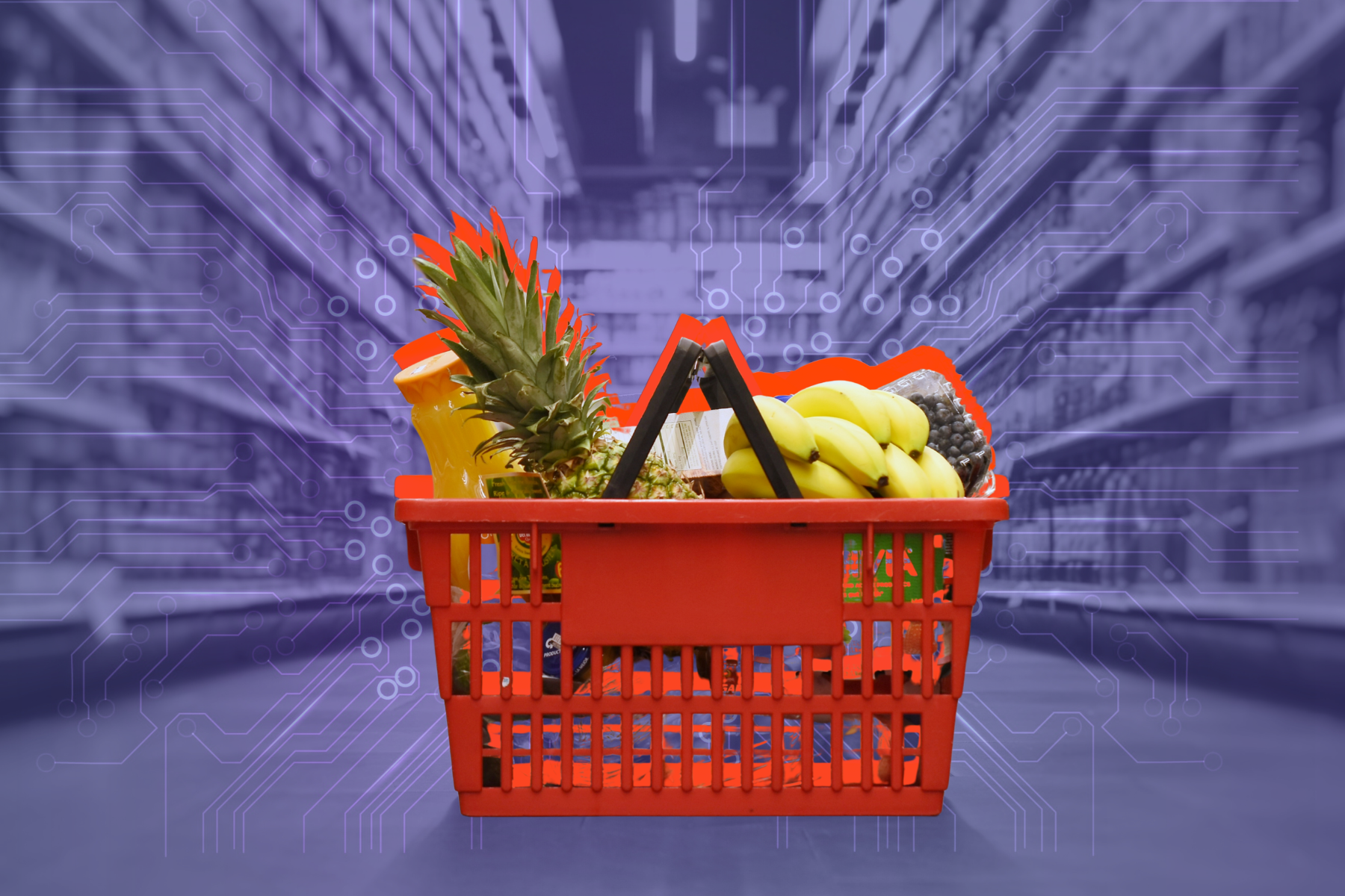 A red shopping basket filled with groceries, including bananas, pineapple, and juice, placed against a supermarket aisle with a tech-inspired digital overlay.