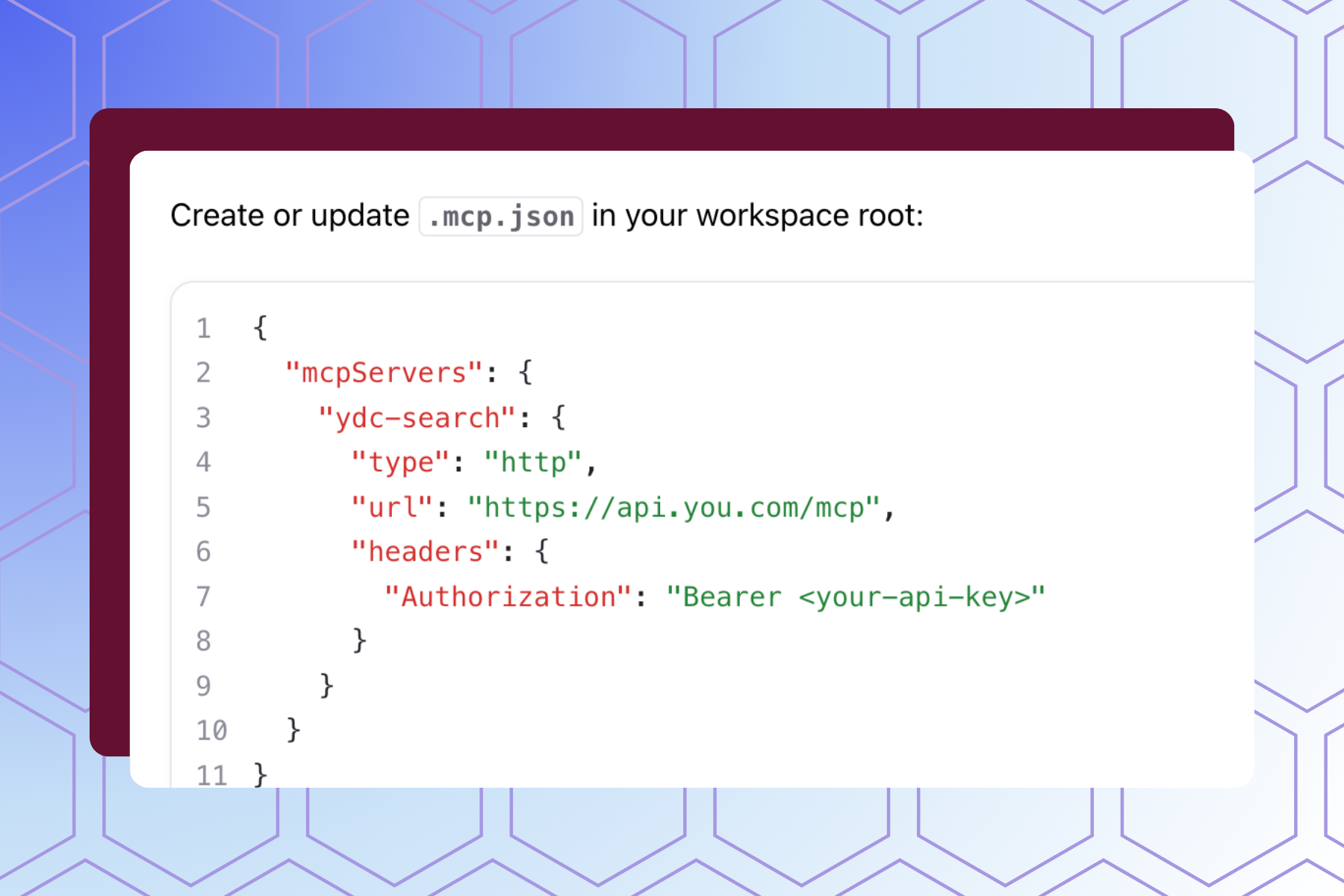 Code snippet showing .mcp.json setup with API configuration.