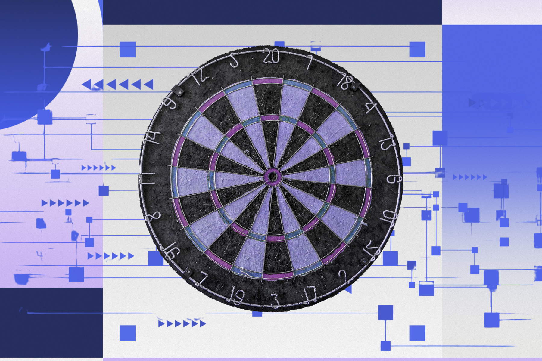 A dartboard with alternating purple and black sections is centered against a digital-themed background with abstract blue and white geometric shapes.