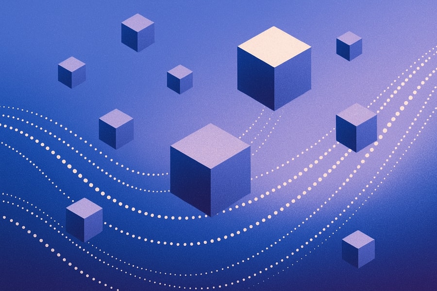 Abstract illustration of floating 3D cubes on a gradient blue background, with dotted wave patterns flowing around them, symbolizing motion and connection.