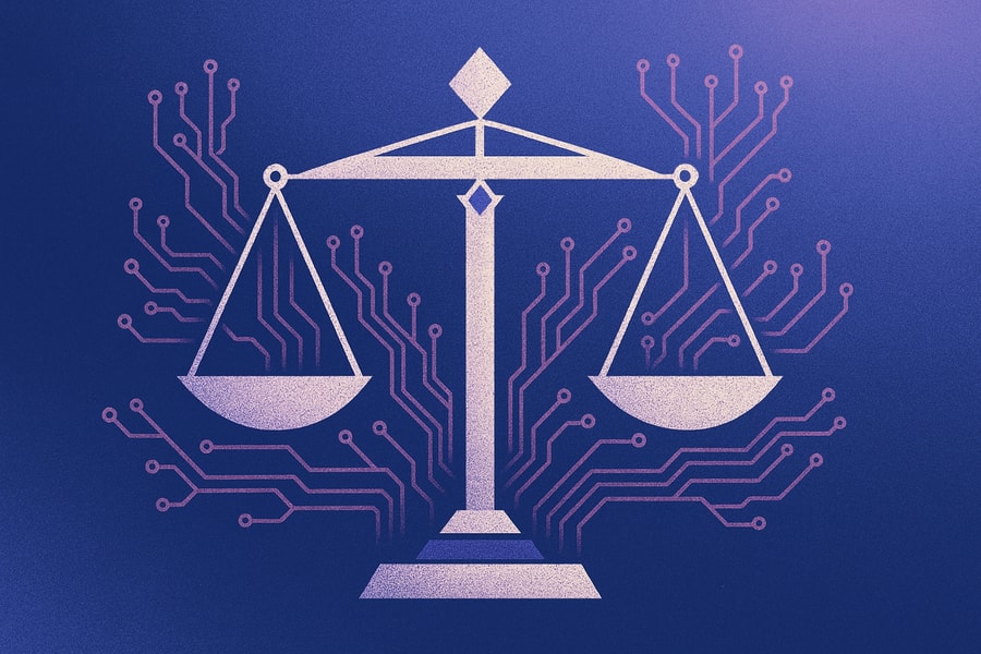 Illustration of justice scales on a blue background, overlaid with circuitry patterns, symbolizing the intersection of law and technology.