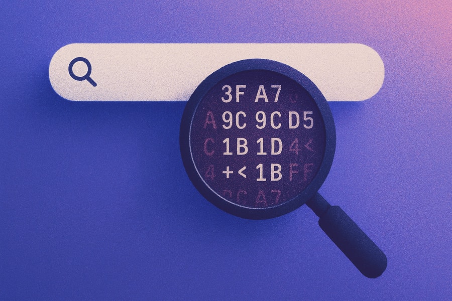 A magnifying glass hovers over a search bar on a purple background, revealing red and white alphanumeric code, symbolizing data analysis or search.