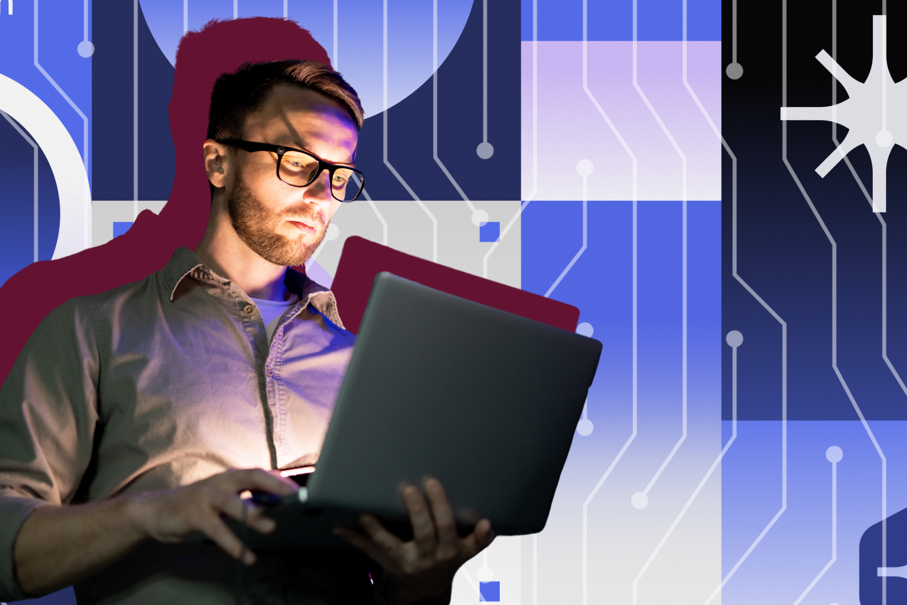 Man in glasses using a laptop, illuminated by the screen's light, with a futuristic, tech-inspired background of circuits and abstract shapes in blue tones.