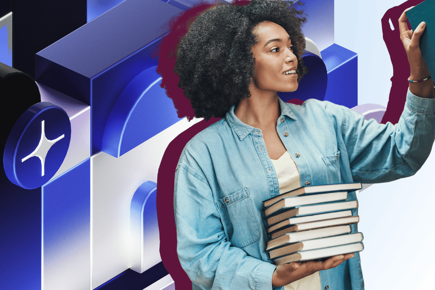 A person holding a stack of books, reaching for another, against a futuristic blue geometric background.