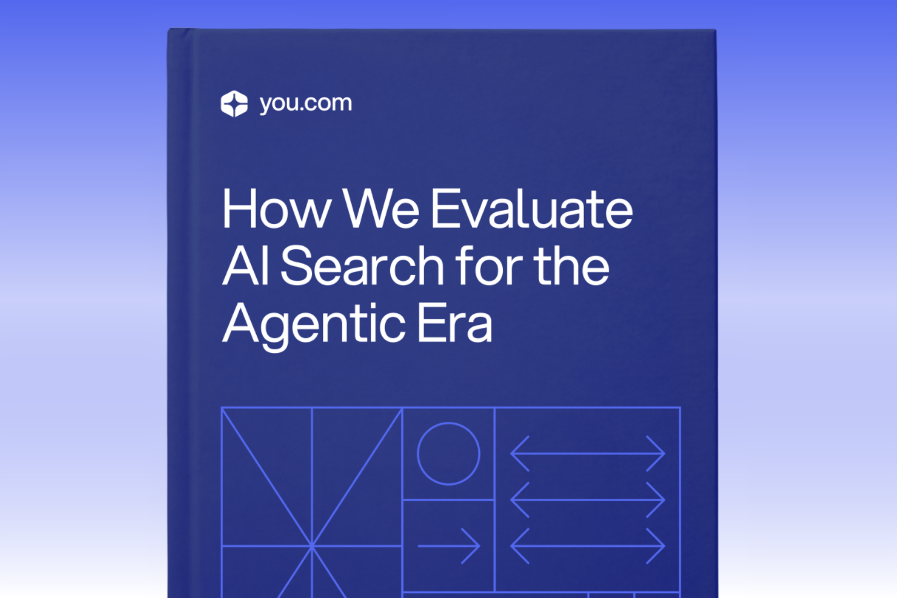 Blue book cover titled "How We Evaluate AI Search for the Agentic Era" by You.com, featuring abstract geometric shapes and a gradient blue background.