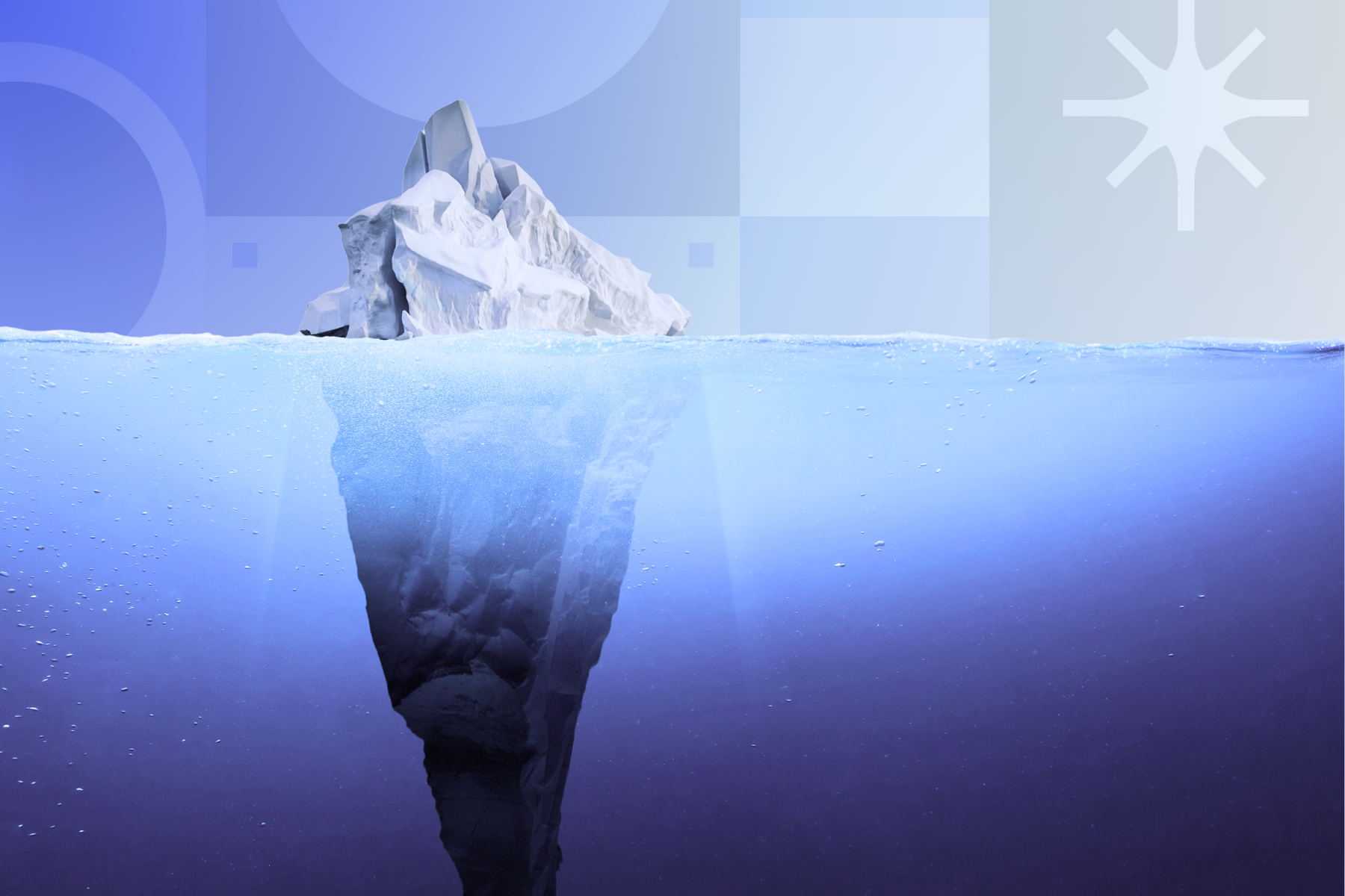 An iceberg floats in calm blue water, revealing a small tip above the surface and a massive, jagged structure hidden below, with a geometric background.