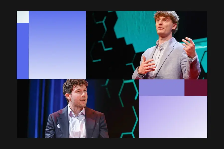 Two men speaking onstage in separate panels, each in professional attire, with colorful geometric blocks framing the layout.