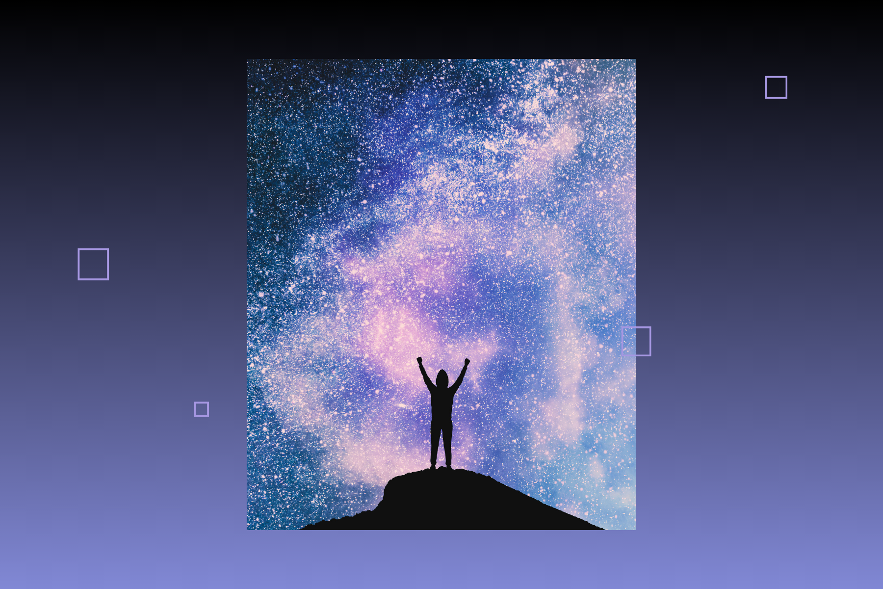 A lone silhouetted figure stands atop a dark hill with arms raised against a swirling blue‑purple star-filled sky, creating a dramatic scene of wonder and triumph.