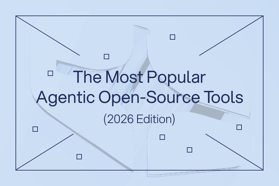 Graphic with a light blue background displaying the title “The Most Popular Agentic Open-Source Tools (2026 Edition)” framed by thin lines and small square accents.