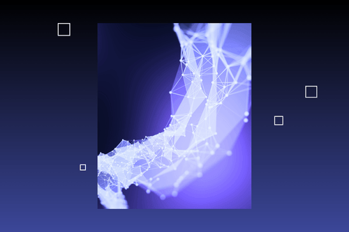 Abstract glowing network of interconnected nodes and lines forming a curved structure against a dark blue gradient background with small outlined squares floating around.