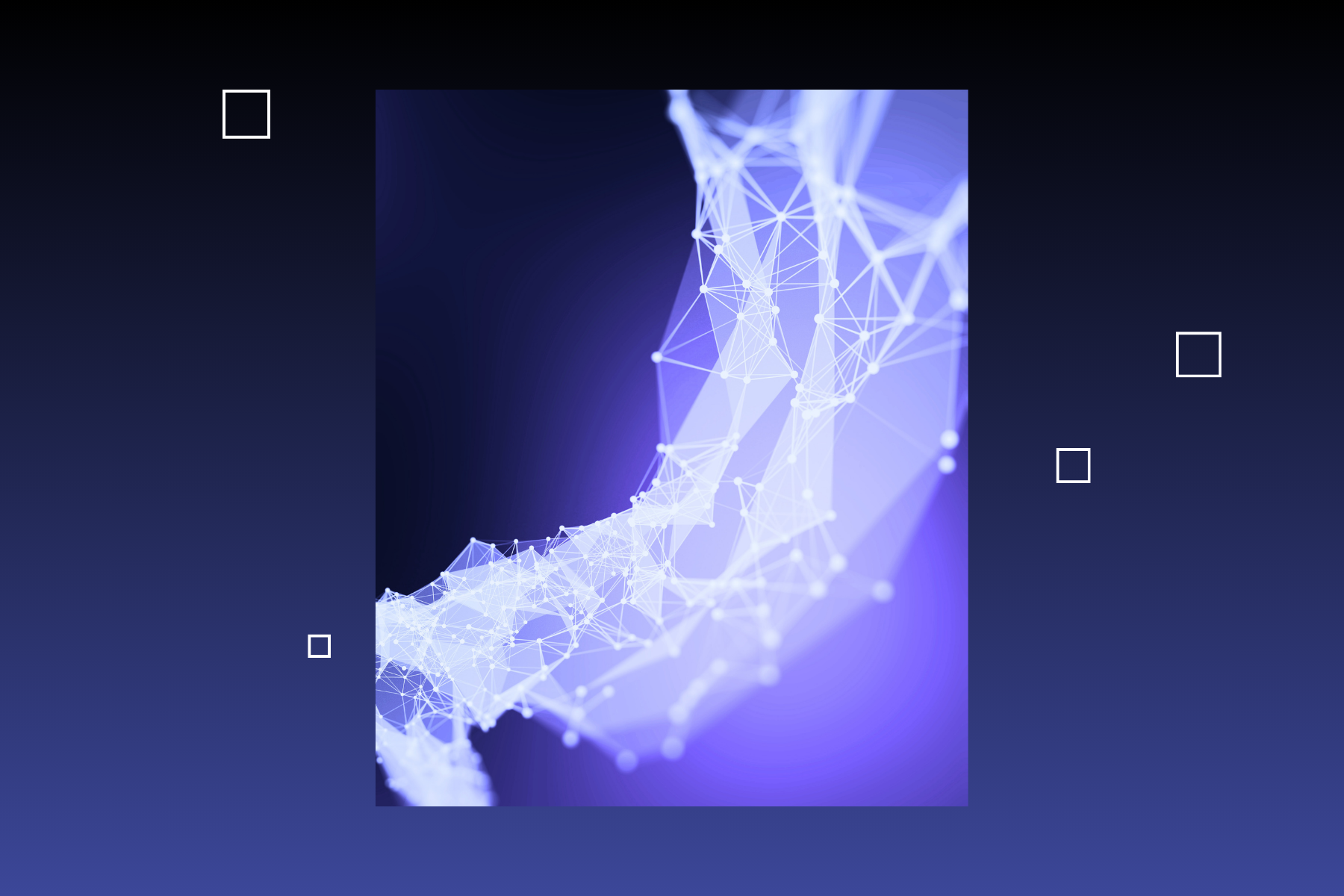 Abstract glowing network of interconnected nodes and lines forming a curved structure against a dark blue gradient background with small outlined squares floating around.