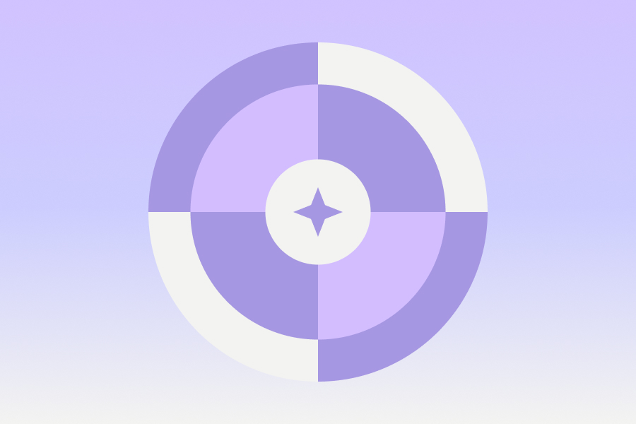 Abstract circular target design with alternating purple and white segments and a small star-shaped center, set against a soft purple-to-white gradient background.