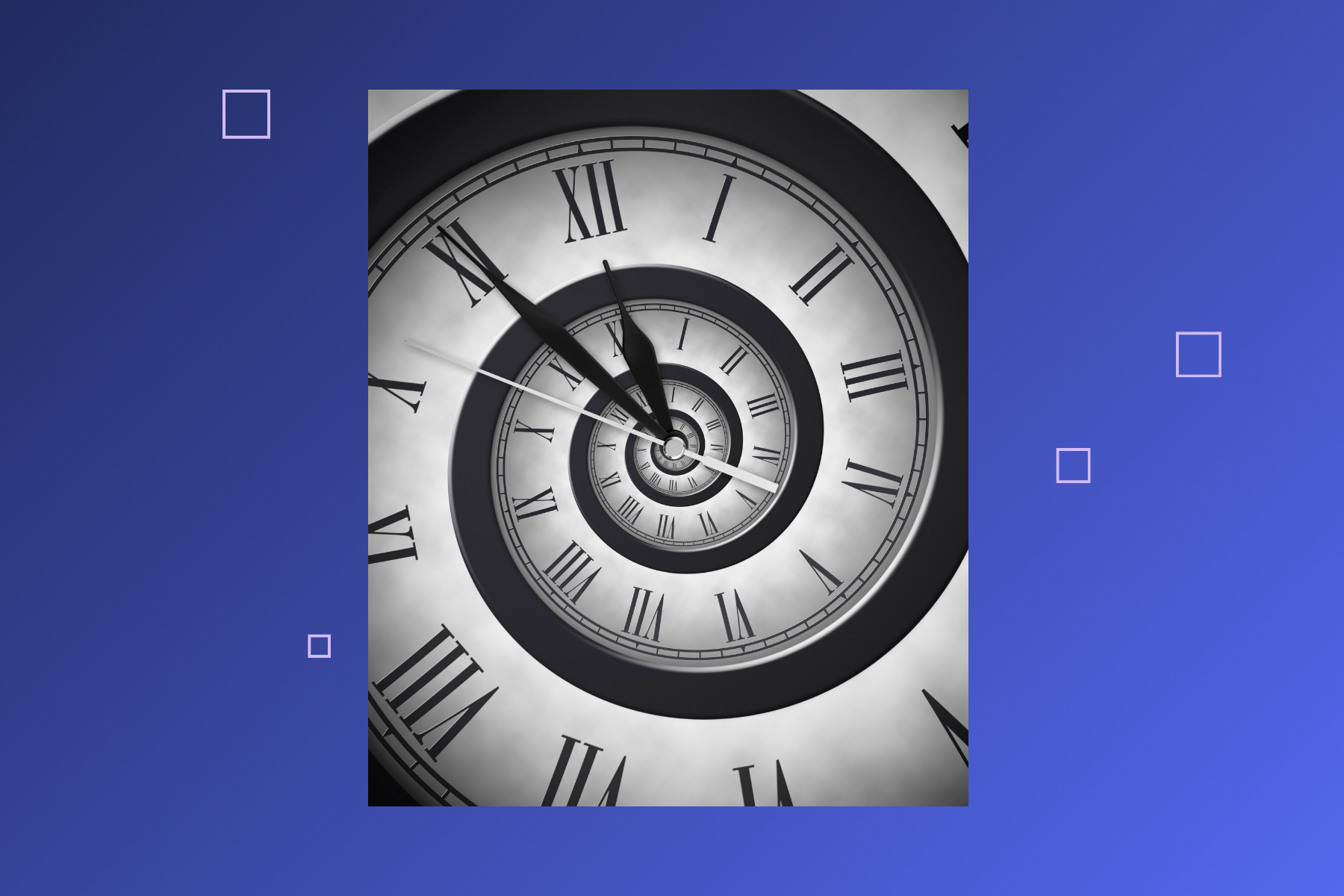 A surreal spiral clock with Roman numerals recurses infinitely inward against a blue gradient background with floating geometric squares.