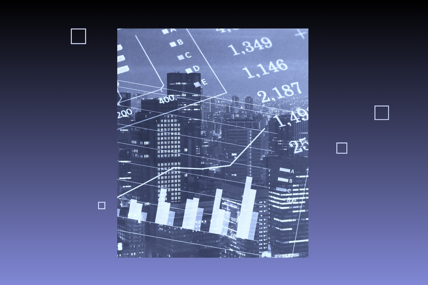 A blue-tinted composite of a city skyline overlaid with financial charts, bar graphs, and data numbers on a purple gradient background.