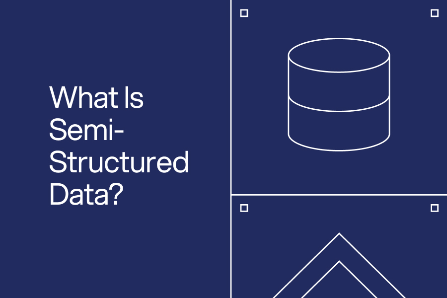 A navy graphic with the text “What Is Semi-Structured Data?” beside simple white line icons of a database cylinder and geometric shapes.