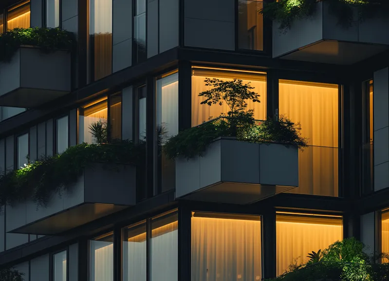 Modern apartment building at twilight with illuminated windows and balconies adorned with lush green plants.