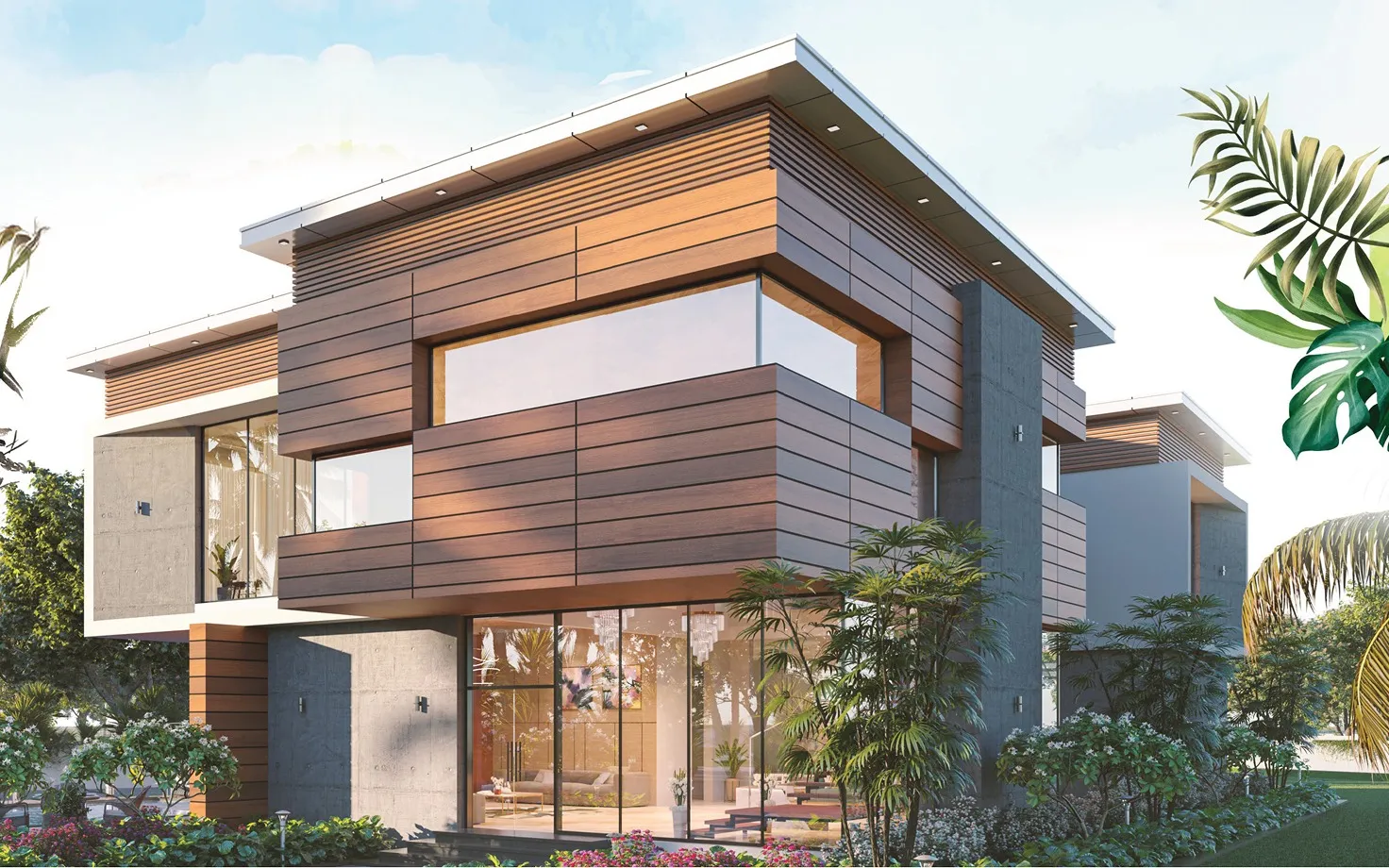 Modern two-story house with wood and concrete exterior, large glass windows, and surrounding greenery.